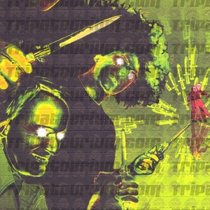 May include: A psychedelic image in green and black featuring a man holding a syringe. The background is yellow with the text "Tripatorium.com" repeated numerous times. There are also multiple images of knives and people in red.