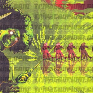 May include: A psychedelic image with a green and yellow background. The image features a man with glowing eyes holding a syringe. The background is covered with the text "tripatourium.com".