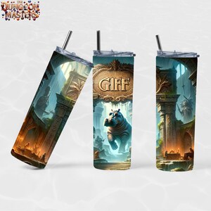 May include: A stainless steel tumbler with a colorful design featuring a blue hippopotamus, a golden archway, and the word "GIFF". The design is inspired by the Dungeons and Dragons fantasy role-playing game.