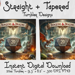 Puede incluir: Dise&ntilde;o digital para un vaso de 20 oz con una escena de fantas&iacute;a con un dado grande, un drag&oacute;n y el texto "DUNGEONS & DRAGONS". El dise&ntilde;o incluye un castillo, cascadas y el texto "Instant Digital Download". El dise&ntilde;o del vaso mide 23,6 cm x 20,8 cm.