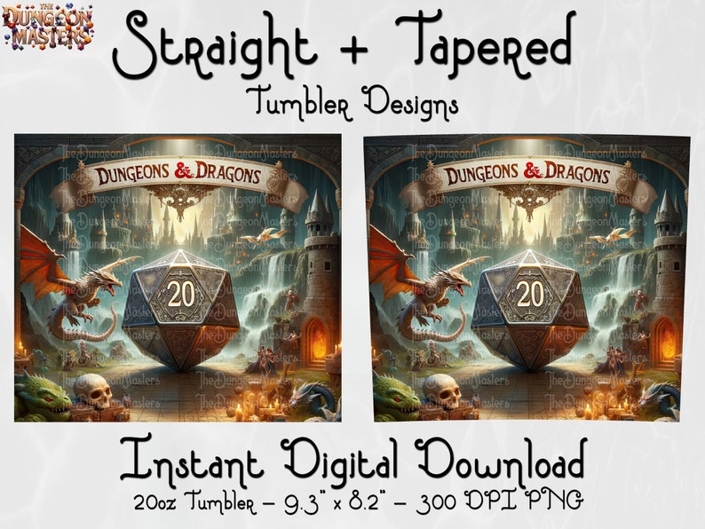 Puede incluir: Dise&ntilde;o digital para un vaso de 20 oz con una escena de fantas&iacute;a con un dado grande, un drag&oacute;n y el texto "DUNGEONS & DRAGONS". El dise&ntilde;o incluye un castillo, cascadas y el texto "Instant Digital Download". El dise&ntilde;o del vaso mide 23,6 cm x 20,8 cm.