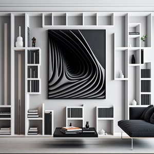Pode incluir: Uma sala de estar moderna com uma estante branca embutida, uma impressão de arte abstrata em preto e branco, um sofá preto com almofadas e uma mesa de centro preta com livros em cima.
