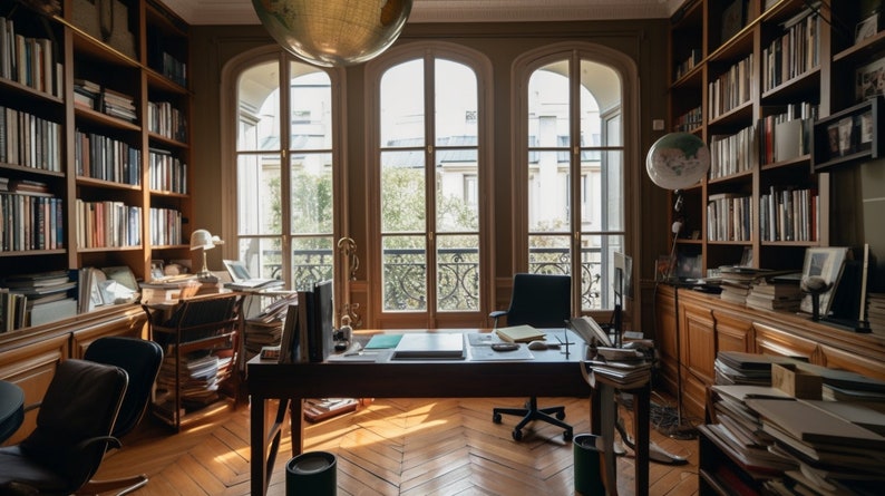 May include: A home office with a large wooden desk, two chairs, and a bookshelf filled with books. The desk is cluttered with papers and a laptop. The room has large windows with a view of a city street.