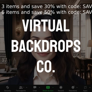 May include: A woman in a black blazer smiles at the camera. The text "VIRTUAL BACKDROPS CO." is displayed in large, bold, white letters. The text "Buy 3 items and save 30% with code: SAVE30" and "Buy 6 items and save 50% with code: SAVE50" is displayed at the top of the image.