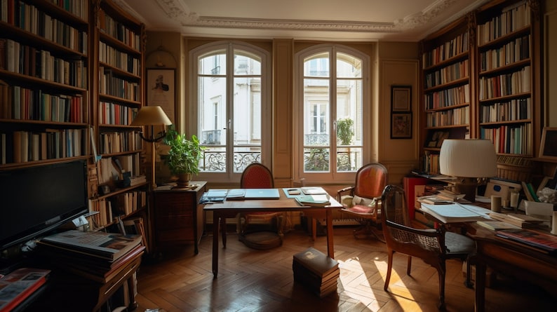 May include: A home office with a large wooden desk, two chairs, and two large bookshelves filled with books. The room has two large windows with views of a city street. The desk is covered with papers and books, and there is a lamp on the desk.