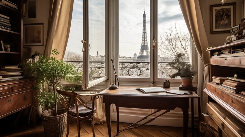 May include: A wooden desk with a chair sits in front of a window with a view of the Eiffel Tower in Paris, France. The desk has a lamp, a notebook, and a pen on it. There is a potted plant on the windowsill.