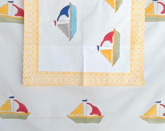 Colorful Boats Hand Block Printed Percale Cotton Kids Flat Sheet (60x90 inches)