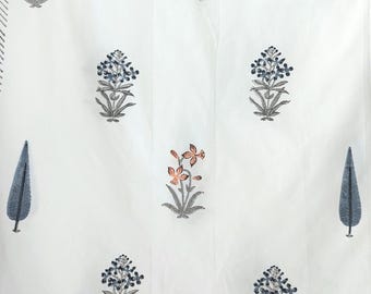 Jaipuri Hand Block Floral Percale Cotton Queen Flat Sheet (White base with floral motifs)