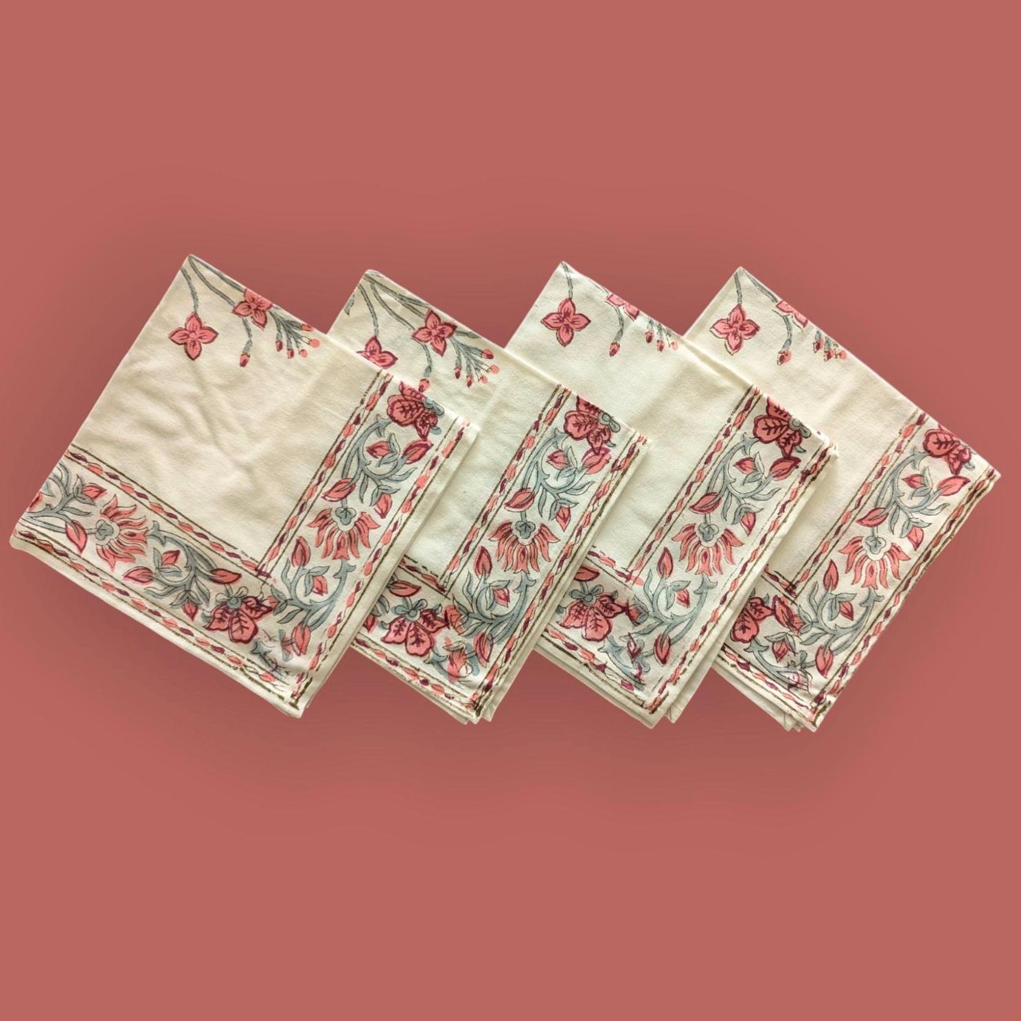Black - Set of 4 Ajrakh Hand Block Print Cotton Table Napkin - (17 x 17 in)