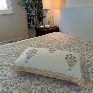 Flat or Fitted Hand Block Printed Pastel Yellow Gray Floral Percale Cotton Sheet (King and Queen sizes available)