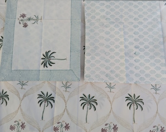Tropical Style Jaipuri Hand Block Floral Percale Cotton Queen Flat Sheet (White base with multi colored pattern)