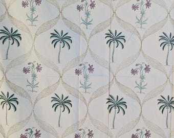 Tropical Style Jaipuri Hand Block Floral Percale Cotton Oversized Queen Flat Sheet (Cream base with floral pattern)