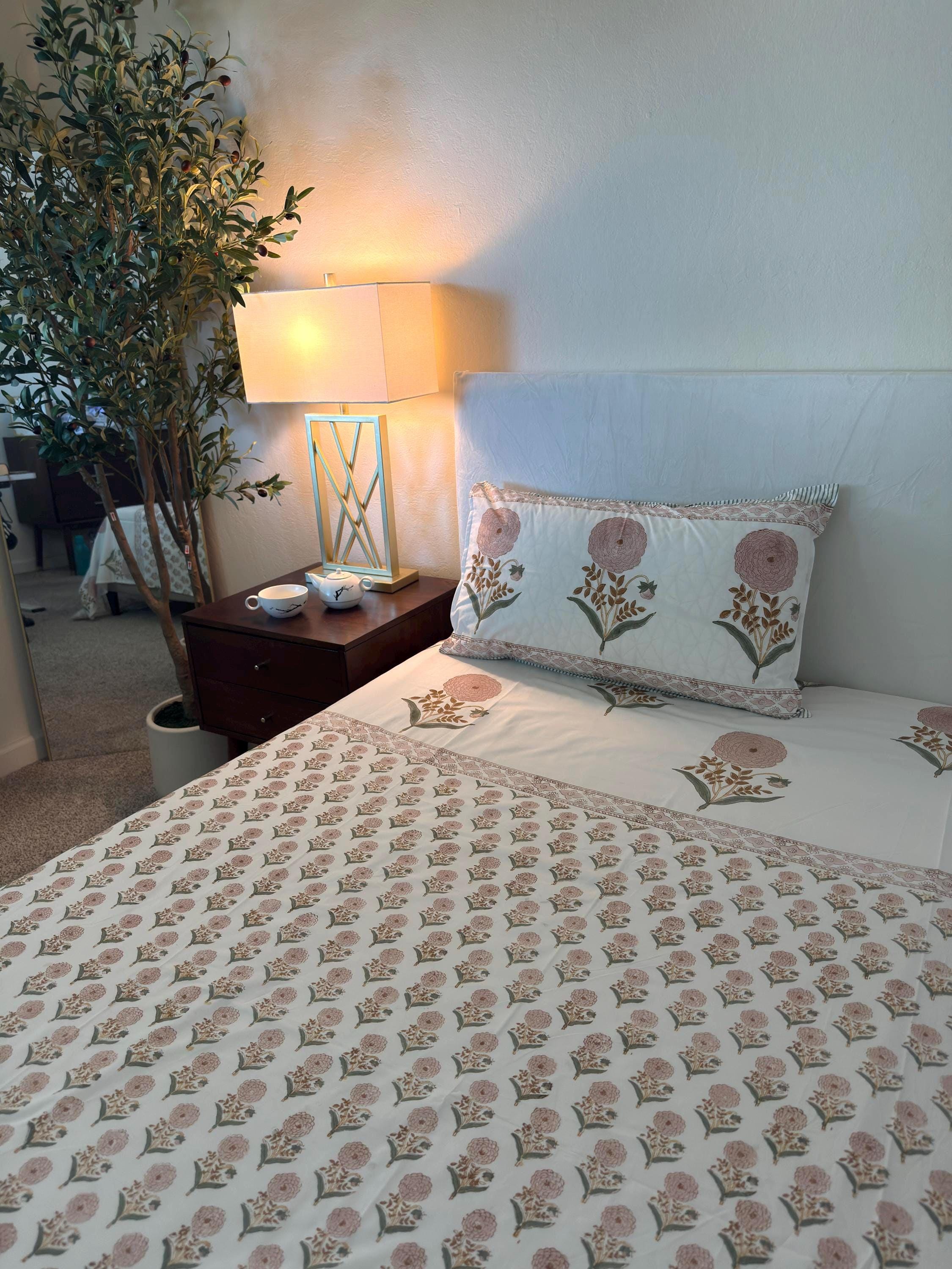 Flat or Fitted Hand Block Printed Peach Dahlia Lightweight Sheet (King, Cal King, Queen, Twin sizes available), Duvet Cover (Queen)