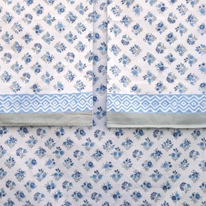 Vintage Style Jaipuri Hand Block Blue Floral Percale Cotton Flat or Fitted Sheet (King and Queen sizes available)