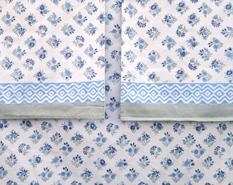 Vintage Style Jaipuri Hand Block Blue Floral Percale Cotton Flat or Fitted Sheet (King and Queen sizes available)