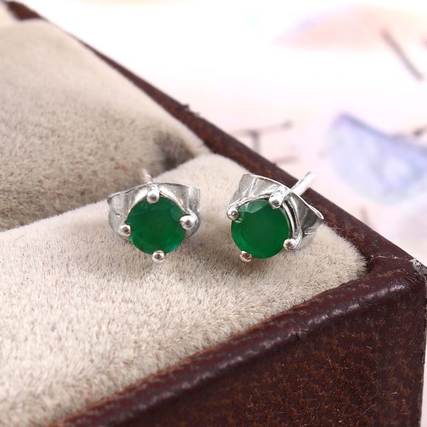 Green Onyx Earrings In Sterling Silver- Dainty Earrings- Minimal Earrings- Tiny Studs- Green Onyx Jewelry- Boho Earrings- Birthstone Gift.