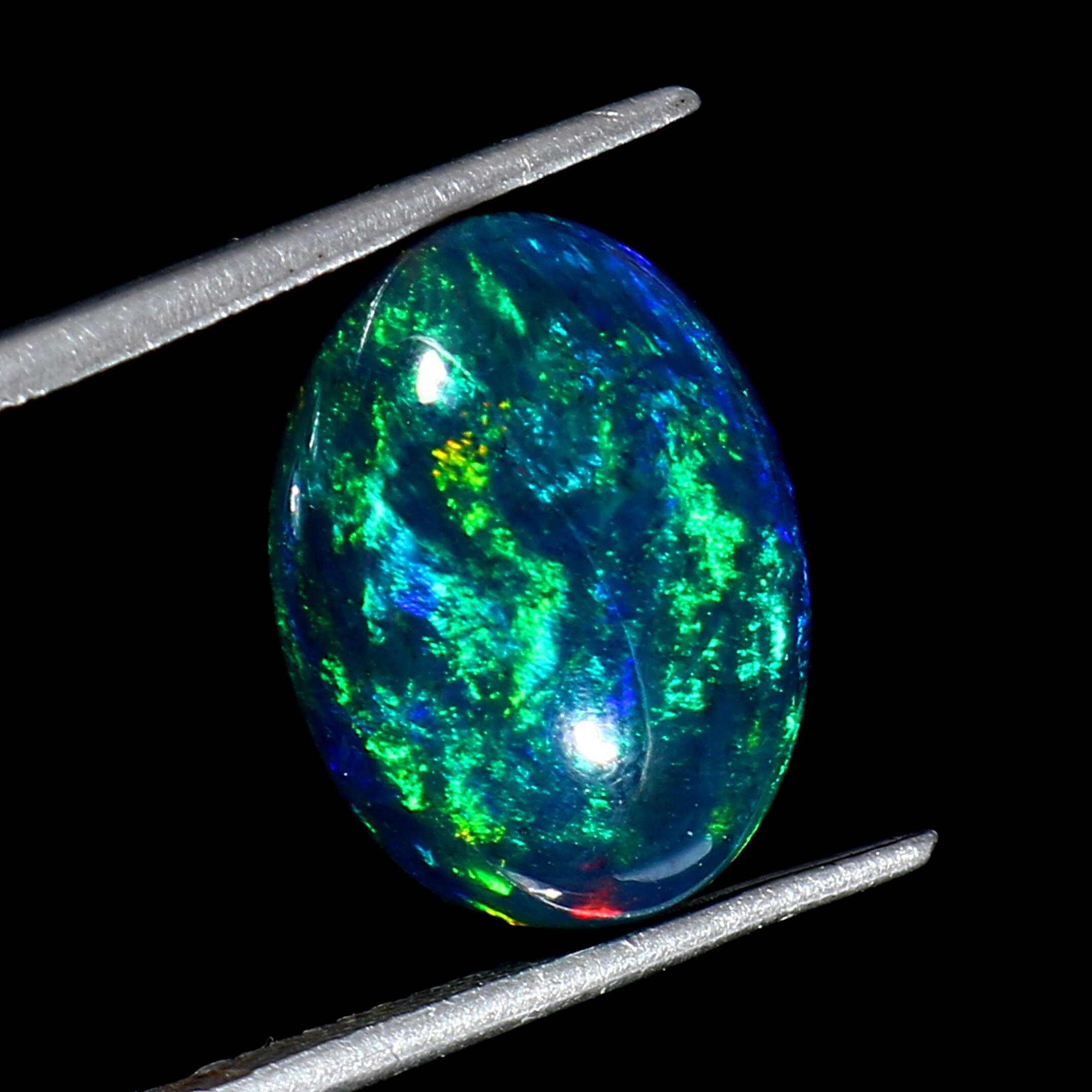 AAAAA Grade Natural Black Opal Cabochon Gemstone+Welo Fire Black Opal+ Handmade Oval Shape Opal+October Birthstone Gemstone, Size 14x10 MM.
