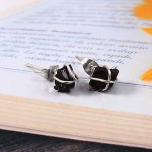 Raw Tourmaline Stud Earrings- Black Tourmaline Earrings- Raw Black Earrings- Raw Gemstone Studs- October Birthstone- Gift For Her,