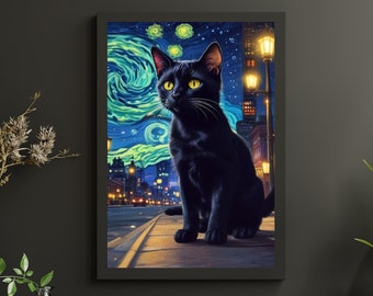 Monet Garden Cat Art Print: Funny Black Cat Floral Poster