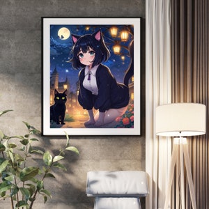 Japanese Girl with Black Cat Art Print: Tokyo Anime Poster