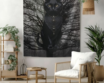 Black Cat Tapestry: Vintage-Inspired Modern Art Wall Hanging