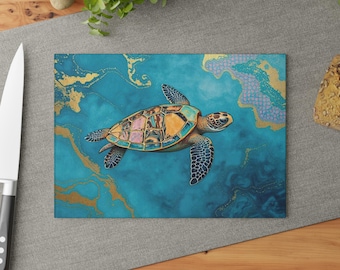 Sea Turtle Glass Cutting Board: Elegant Kitchen Decor, Ocean Lover Gift