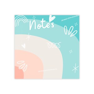 May include: A light blue, pink, and white note pad with the word "Notes" written in white. The background has a rainbow design with white stars, hearts, and swirls.