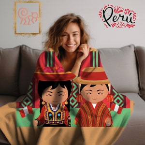 May include: A soft, plush blanket featuring a colorful illustration of two people in traditional Peruvian clothing. The blanket has a green background with geometric patterns and the word "Peru" in a stylized font.