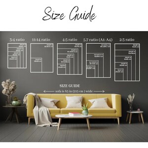 Puede incluir: Un gr&aacute;fico de gu&iacute;a de tallas con varias dimensiones rectangulares en pulgadas y cent&iacute;metros. La gu&iacute;a incluye proporciones como 3:4, 11:14, 4:5, 5.7 y 2:3, con las medidas correspondientes. El texto "Size Guide" est&aacute; en la parte superior e inferior, con una referencia de ancho de sof&aacute; de 215 cm (85 pulgadas).