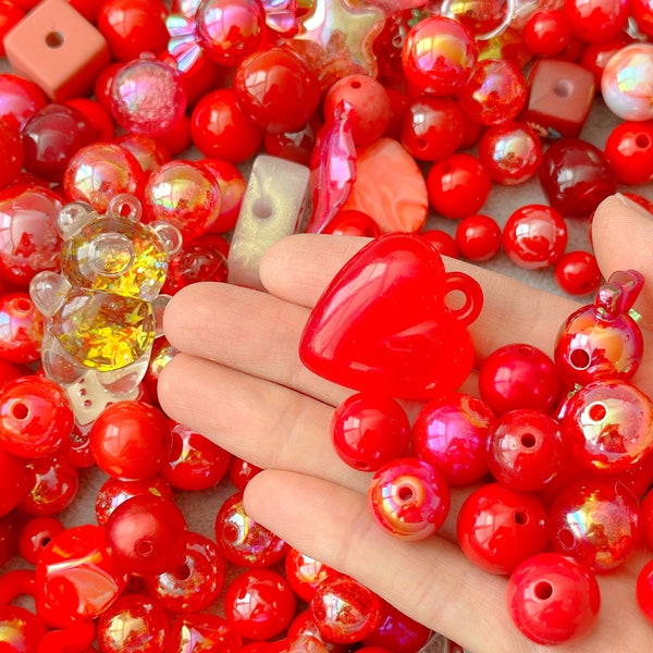 Red Bead Soup Mix, Mix Glass/Acrylic Beads Scoop, DIY Jewelry Beads with Charms, Mixed Colors, Shapes & Sizes Mystery Kandi Bead Confetti