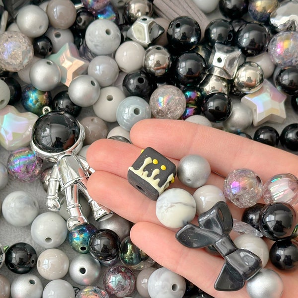 Black and Gray Bead Soup Mix, Mix Glass/Acrylic Jewelry Beads Scoop, DIY Charm Soup, Mix Colors, Shapes & Sizes Mystery Kandi Bead Confetti