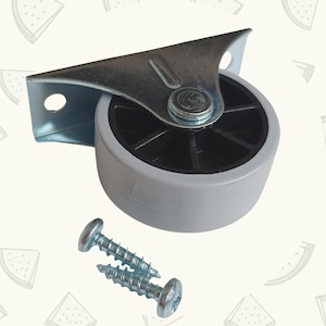 May include: A swivel caster wheel featuring a white rubber tire, a black plastic hub, and a silver metal mounting plate with two pre-drilled holes. Two silver metal screws with rounded heads are positioned below the caster wheel assembly.