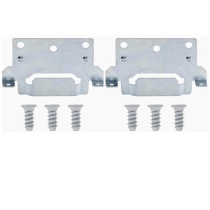 May include: Two silver-colored metal brackets with a rectangular shape and a central cutout, each with three screw holes. Six silver screws are positioned below the brackets, ready for installation. Hardware for furniture assembly.