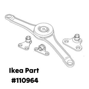 May include: Line drawing of Ikea furniture hardware parts, including a central pivoting mechanism and several mounting brackets. The text "Ikea Part #110964" is displayed below the parts.