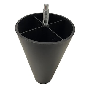 May include: Black furniture leg with a conical shape and a threaded metal bolt for attachment. The leg has a cross-shaped internal support structure. Ideal for furniture repair or DIY projects.