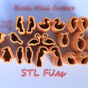 May include: A set of 18 mini bird-shaped cookie cutters, made of orange plastic, with a scale bar showing 10 mm or 0.394 inches. The cutters are arranged in a semi-circle and the text "Birds Mini Cutters" and "STL Files" are visible in the image.