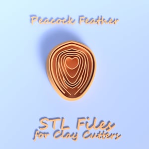 May include: A set of 3D printed cookie cutters shaped like a peacock feather. The cutters are orange and have a heart shape in the center. The text "STL Files for Clay Cutters" is written below the cutters.