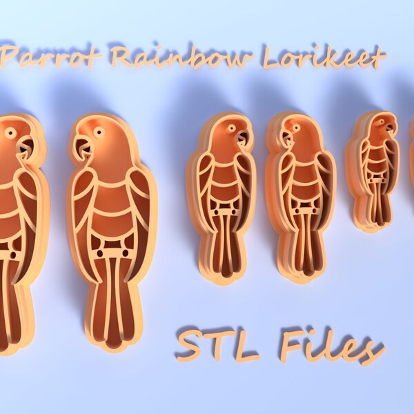 Digital STL Files | Parrot Rainbow Lorikeet Polymer Clay Cutters with Embossers and Debossers, Mirrored Set, 3 sizes | 12 files