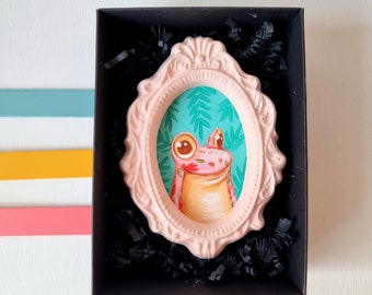 Tiffany Egzotic Frog • Acrylgemälde • Gemälde zum Aufhängen an der Wand • Rosa Rahmen • Mini-Geschenk • Kleines Geschenk • Minze