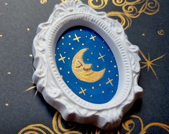 Gold Moon II On Small Acrylic Painting, Original Custom, Night Sky on White Frame