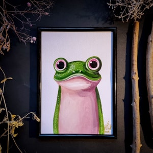 Pink eyes frog original acrylic painting, small size, Big eyes image 1