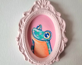 Sweet Egzotic Frog • Acrylic painting • Painting to hang on the wall • Pink frame • Mini gift • Small Gift •