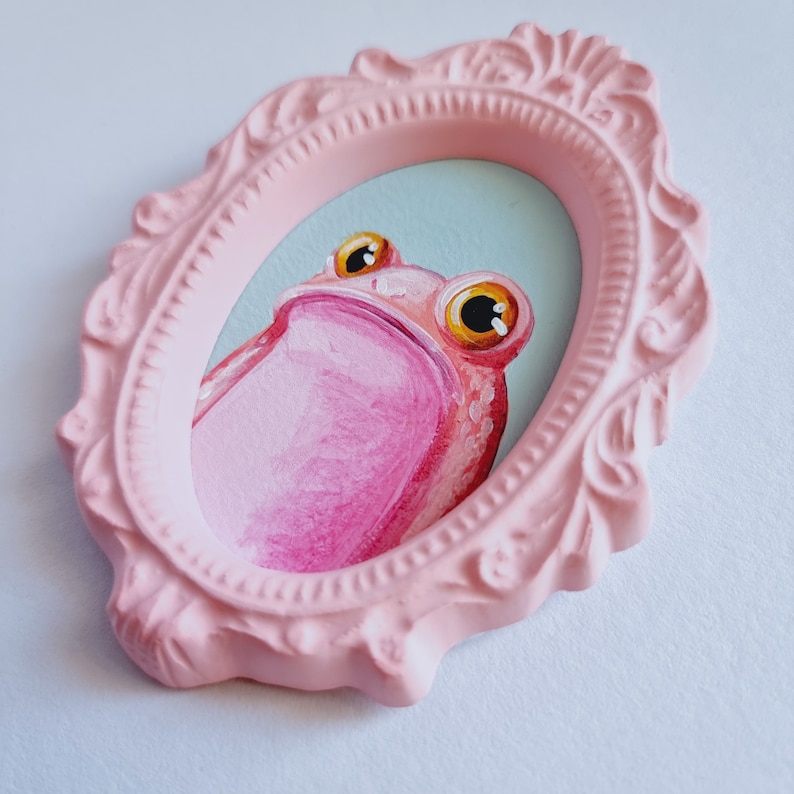 Pink Frog Acrylic painting, Mini gypsum frame, Sweet painting, Lake colors, Pocket size image 2