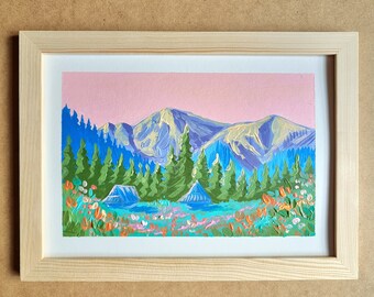 Tatra Mountain Dolina Mała Łąki • Original Painting with regional wooden house • Polish Tatra Mountains • Fauvism • Pastel Colors Acrylic