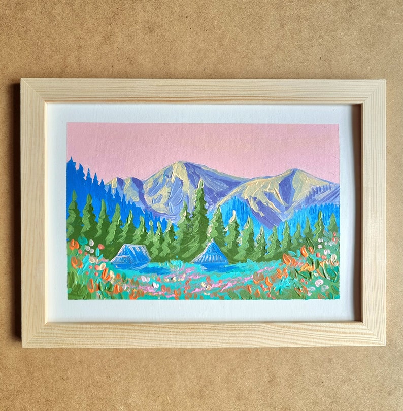 Tatra Mountain Dolina Mała Łąki Original Painting with regional wooden house Polish Tatra Mountains Fauvism Pastel Colors Acrylic image 1