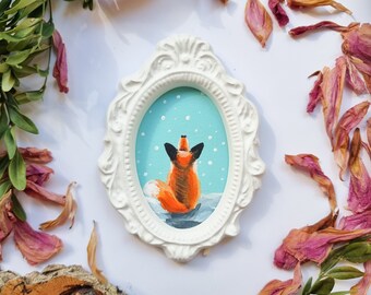 Fox winter - Acrylic painting, Mini white gypsum frame, Forest animal, Original painting, On the wall, Wulderness, Mini gift