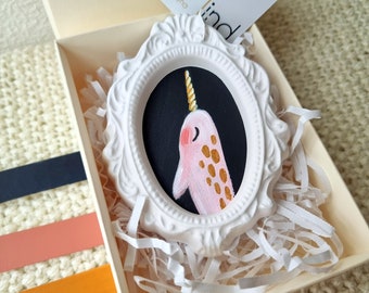 Narwhal Pink Gold - Acrylic painting, Mini gypsum frame, Island, Painting to hang on the wall, Ocean Unicorn