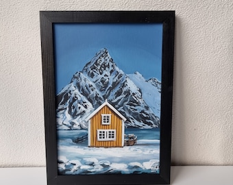 Lofoten Islands Yellow House - Norway, Original Painting, Ice, Winter Mountain, Acrylic