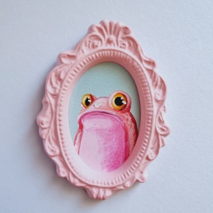 Pink Frog Acrylic painting, Mini gypsum frame, Sweet painting, Lake colors, Pocket size image 1