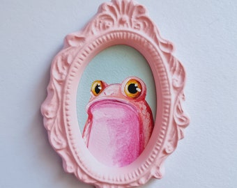 Pink Frog - Acrylic painting, Mini gypsum frame, Sweet painting, Lake colors, Pocket size